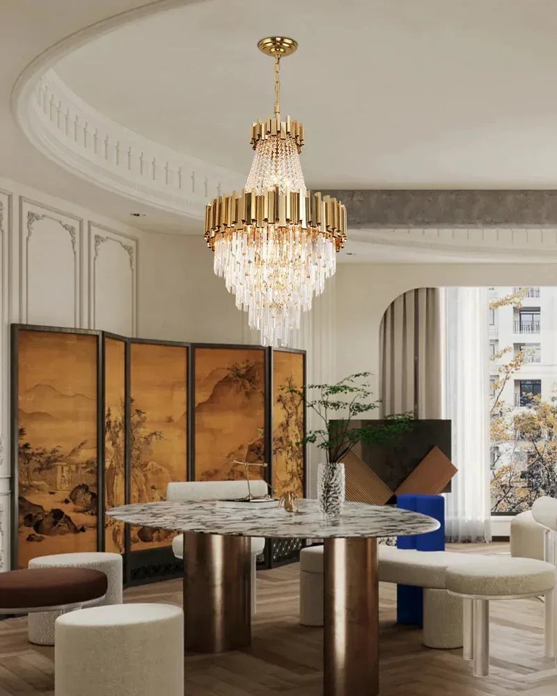 LightsStory Series Cascading Chandelier | Drum Frame Cascading Crystal Gold stainless steel drum frame with hand-strung clear crystals, Premium Gold finish for Grand Foyers, Lobbies, and Dining Rooms Luxury Modern Chandelier