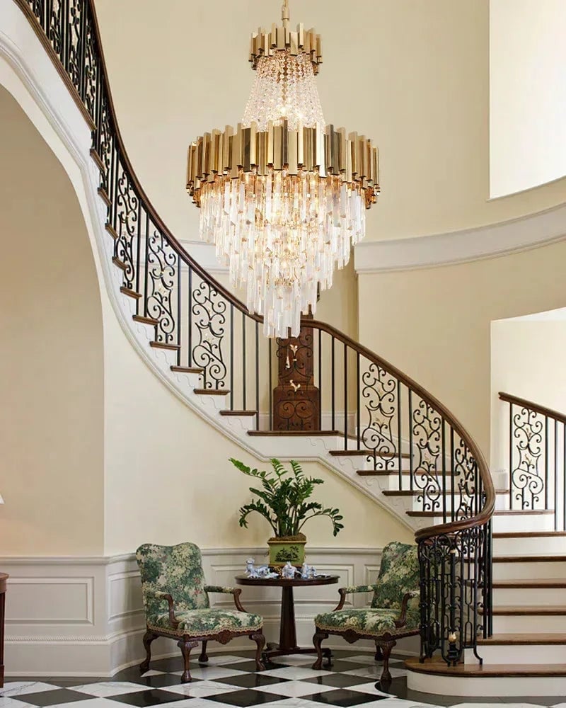 LightsStory Series Cascading Chandelier | Drum Frame Cascading Crystal Gold stainless steel drum frame with hand-strung clear crystals, Premium Gold finish for Grand Foyers, Lobbies, and Dining Rooms Luxury Modern Chandelier