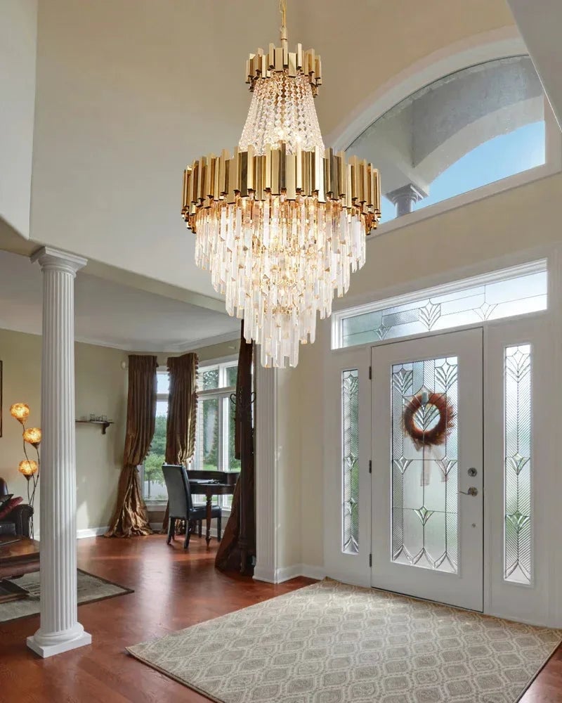 LightsStory Series Cascading Chandelier | Drum Frame Cascading Crystal Gold stainless steel drum frame with hand-strung clear crystals, Premium Gold finish for Grand Foyers, Lobbies, and Dining Rooms Luxury Modern Chandelier