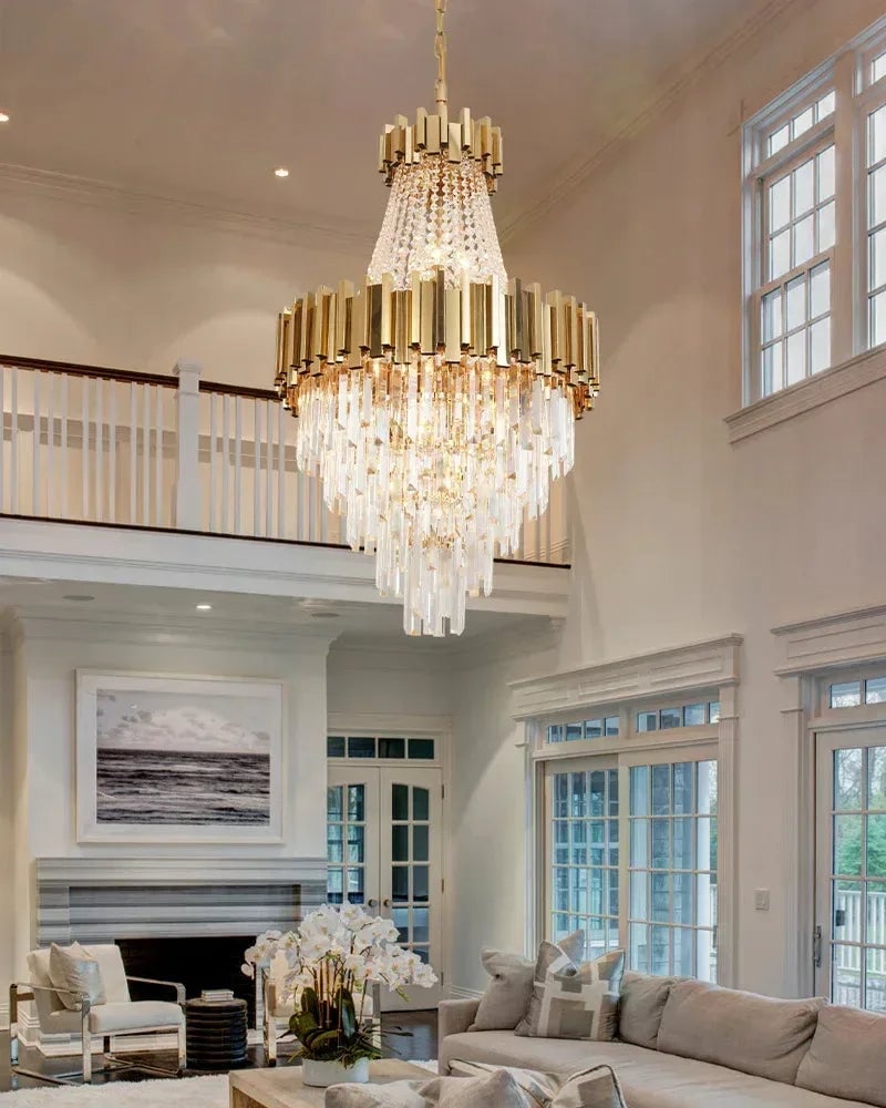 LightsStory Series Cascading Chandelier | Drum Frame Cascading Crystal Gold stainless steel drum frame with hand-strung clear crystals, Premium Gold finish for Grand Foyers, Lobbies, and Dining Rooms Luxury Modern Chandelier