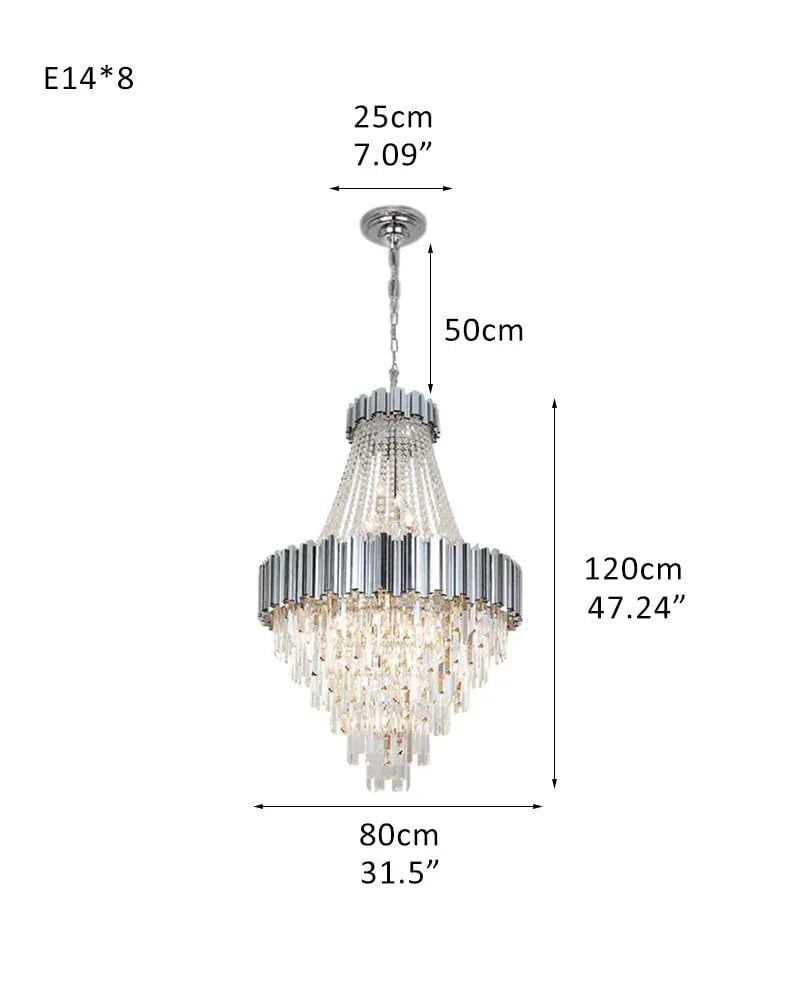 LightsStory Series Cascading Chandelier | Drum Frame Gold stainless steel drum frame with hand-strung clear crystals, Premium Gold finish for Grand Foyers and Dining Rooms D80*H120CM D31.5“*H47.24" Silver Luxury Modern Chandelier
