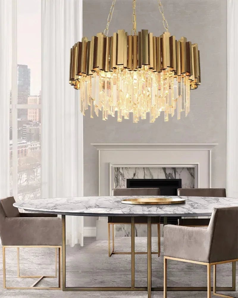 LightsStory Series Cascading Chandelier | Drum Gold stainless steel frame with hand-strung clear crystals, Premium Gold finish for Dining Rooms and Grand Foyers Luxury Drum Round Chandelier