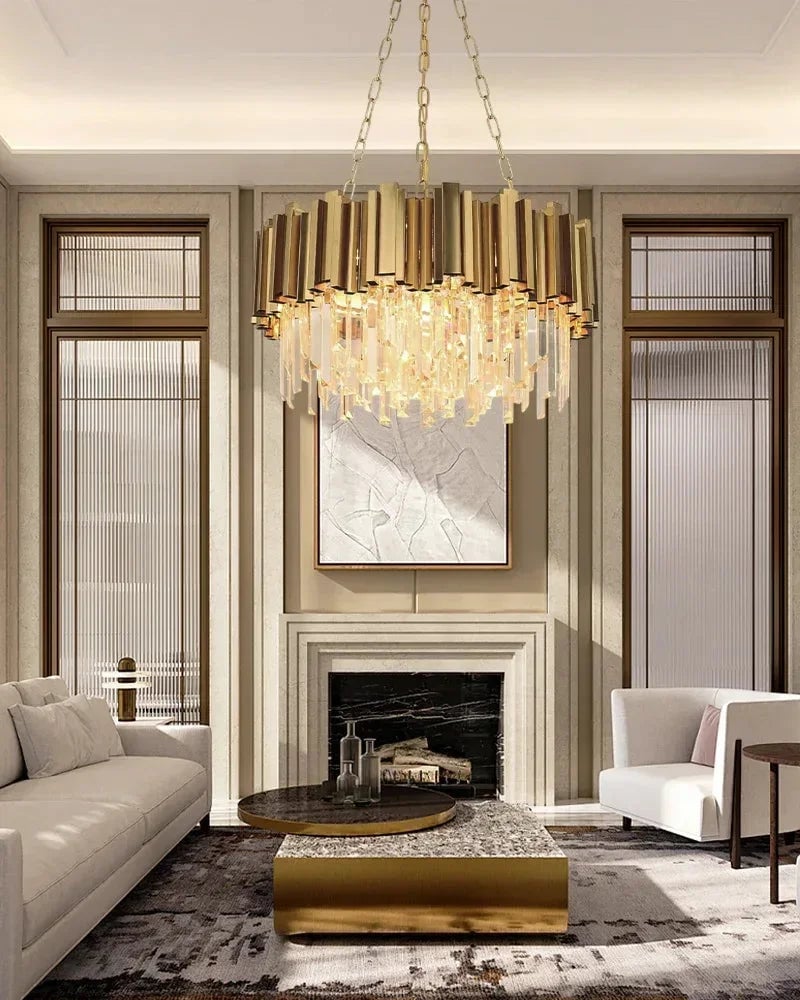 LightsStory Series Cascading Chandelier | Drum Gold stainless steel frame with hand-strung clear crystals, Gold and Chrome finish for Grand Foyers and Dining Rooms Luxury Drum Round Chandelier