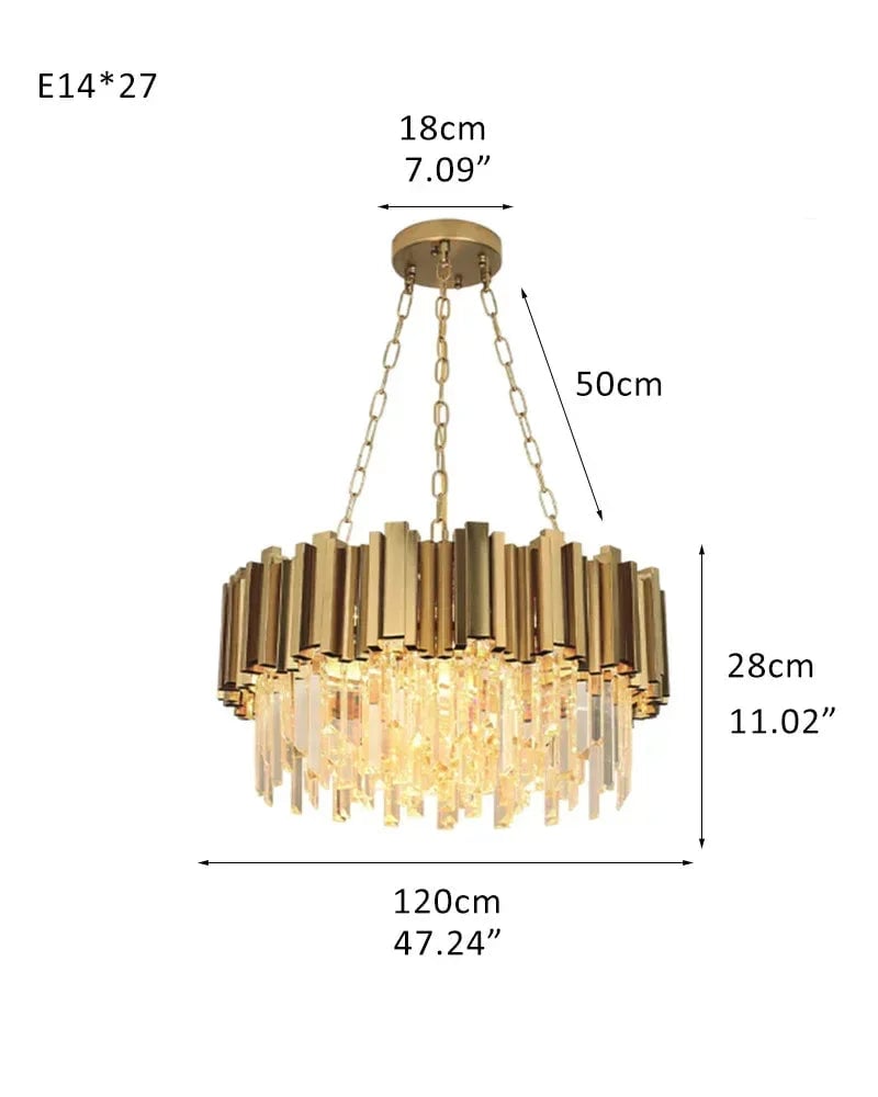 LightsStory Series Cascading Chandelier | Drum Gold stainless steel frame with hand-strung clear crystals, Gold and Chrome finish for Grand Foyers and Dining Rooms D120*H25CM D47.24“*H11.02" Gold Luxury Drum Round Chandelier