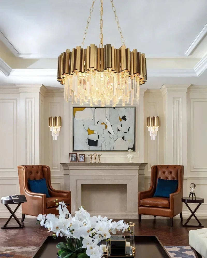 LightsStory Series Cascading Chandelier | Drum Gold stainless steel frame with hand-strung clear crystals, Gold and Chrome finish for Grand Foyers and Dining Rooms Luxury Drum Round Chandelier