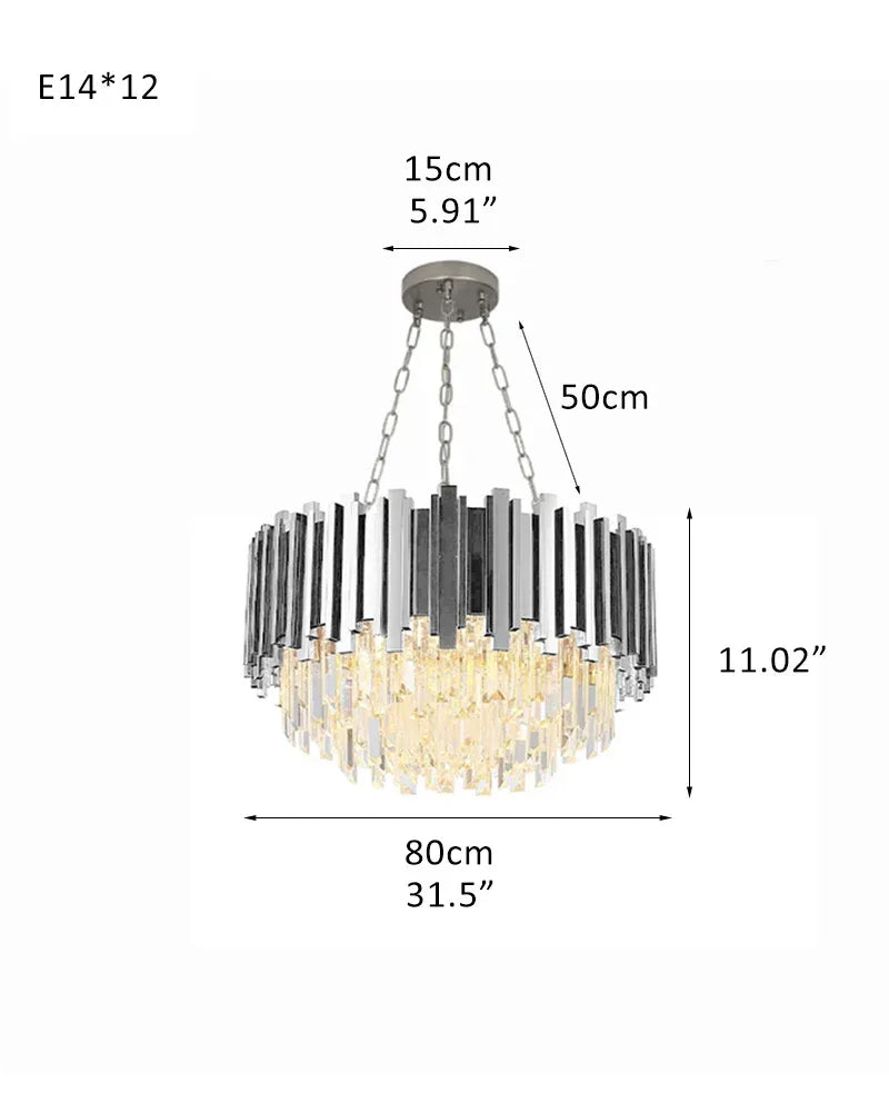 LightsStory Series Cascading Chandelier | Drum Gold stainless steel frame with hand-strung clear crystals, Premium Gold finish for Dining Rooms and Grand Foyers D80*H25CM D31.5“*H11.02" Silver Luxury Drum Round Chandelier