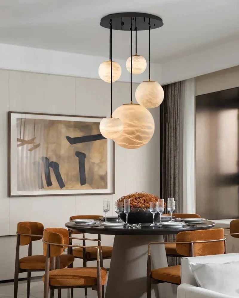 LightsStory Series Ethereal Chandelier | Cascading Alabaster Orbs Natural Translucent Alabaster, Natural Organic Veining for Dining Rooms and Kitchen Islands Modern Pendant lamp