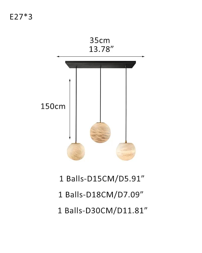LightsStory Series Ethereal Chandelier | Cascading Alabaster Orbs Natural Translucent Alabaster, Natural Organic Veining for Dining Rooms and Kitchen Islands 3 light-D15+D18+D30CM D5.9"+D7.09"+D11.81" White + Black Modern Pendant lamp