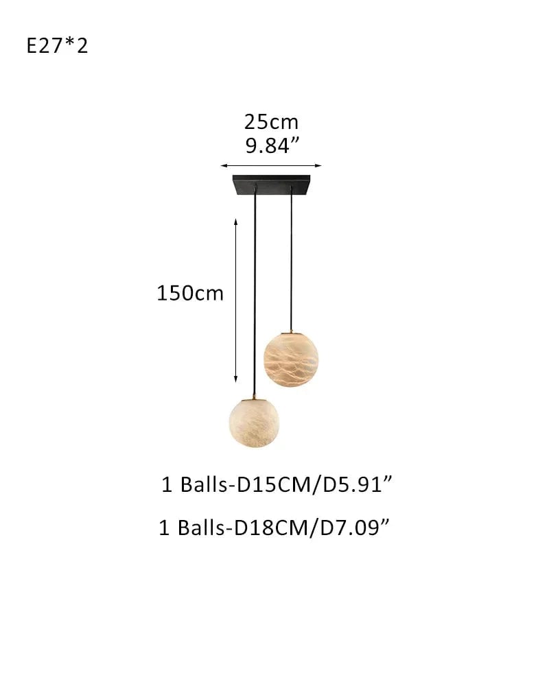 LightsStory Series Ethereal Chandelier | Cascading Alabaster Orbs Natural Translucent Alabaster, Natural Organic Veining for Dining Rooms and Kitchen Islands 2 light-D15+D18CM D5.9"+D7.09" White + Black Modern Pendant lamp