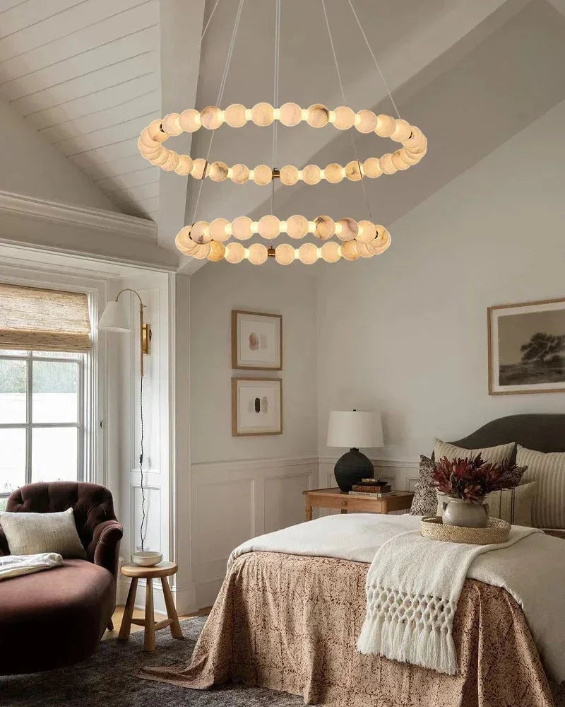 LightsStory Series Ethereal Chandelier | Circle Double Natural Spanish Alabaster, Gleaming metallic finish for Spacious lofts and cozy nooks Luxury Modern Chandelier