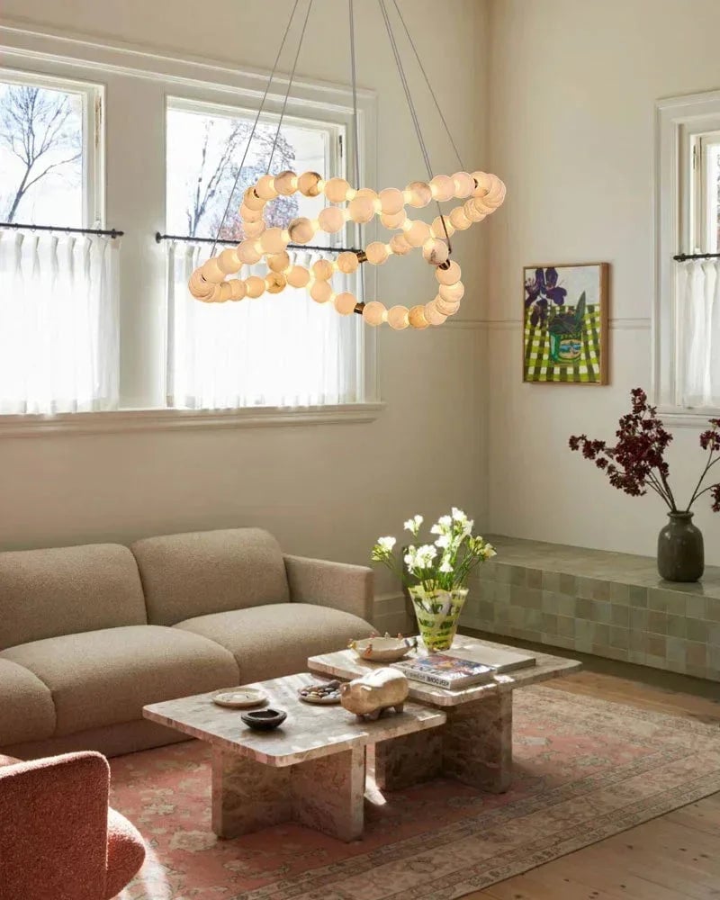 LightsStory Series Ethereal Chandelier | Circle Double Natural Spanish Alabaster, Gleaming metallic finish for Spacious lofts and cozy nooks Luxury Modern Chandelier