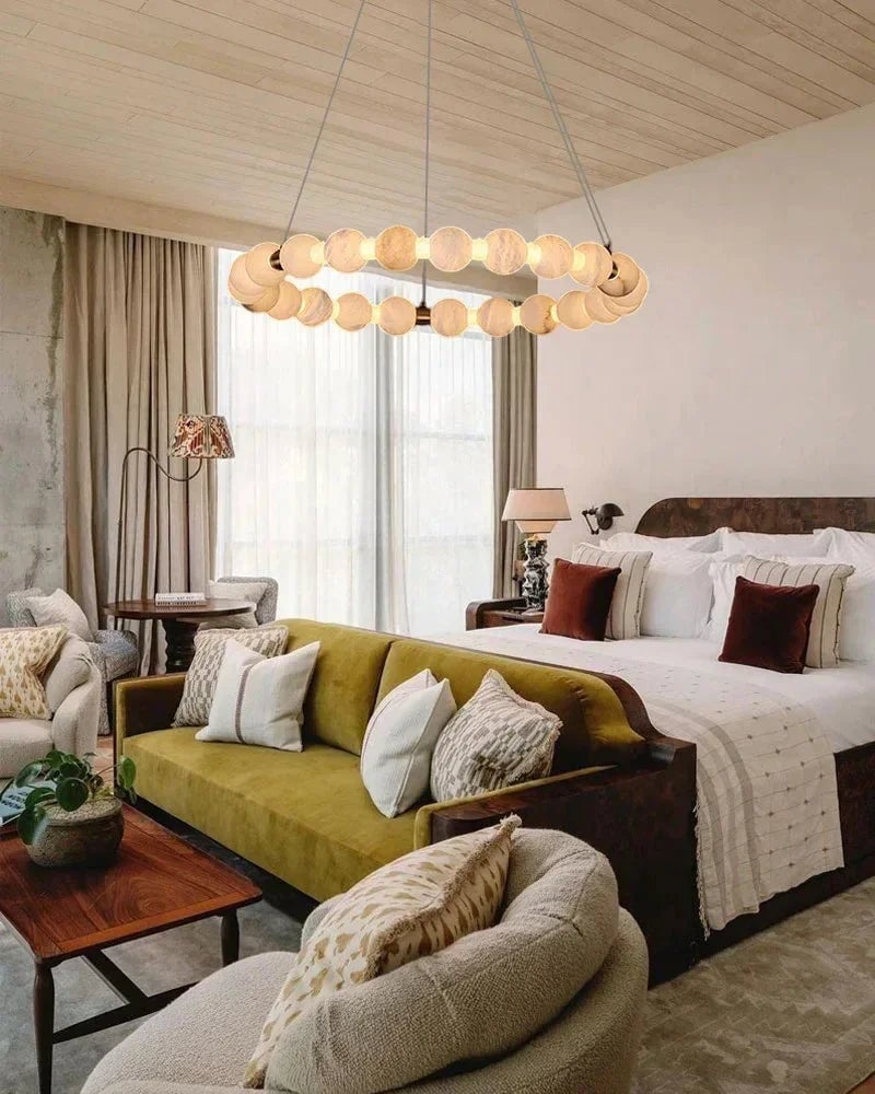 LightsStory Series Ethereal Chandelier | Circle Double Natural Spanish Alabaster, Gleaming metallic finish for Spacious lofts and cozy nooks Luxury Modern Chandelier