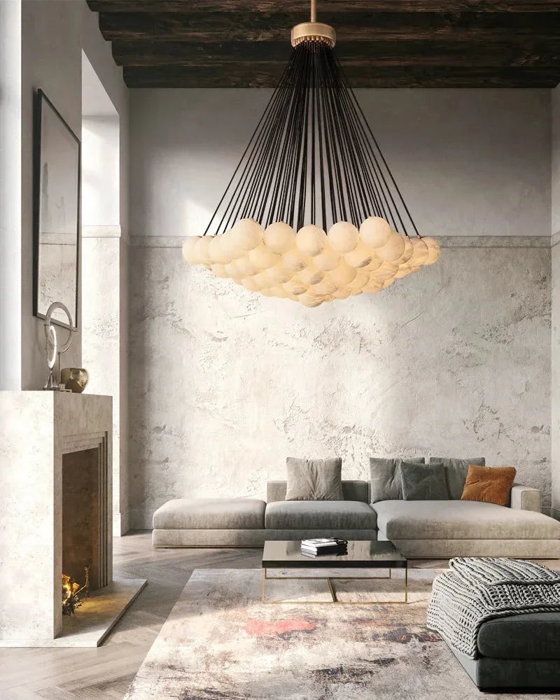 LightsStory Series Ethereal Chandelier | Cluster Globe Frosted Alabaster Globes with Marble-Finish Frame, Matte Marble-Finish for High Ceiling Entrances and Dining Spaces American Vintage chandelier lamp