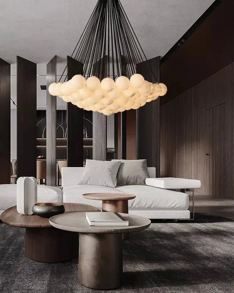 LightsStory Series Ethereal Chandelier | Cluster Globe Frosted Alabaster Globes with Marble-Finish Frame, Matte Marble-Finish for High Ceiling Entrances and Dining Spaces American Vintage chandelier lamp