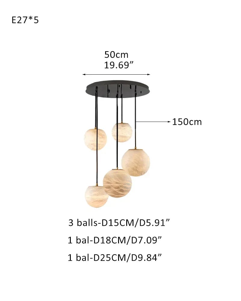 LightsStory Series Ethereal Chandelier | Cluster Sphere Natural Translucent Alabaster, Organic Matte Finish for Modern Living Rooms and Dining Areas 5-light-D15*3+D18+D25CM D5.9"*3+D7.09"+D9.84" White + Black Modern Pendant lamp