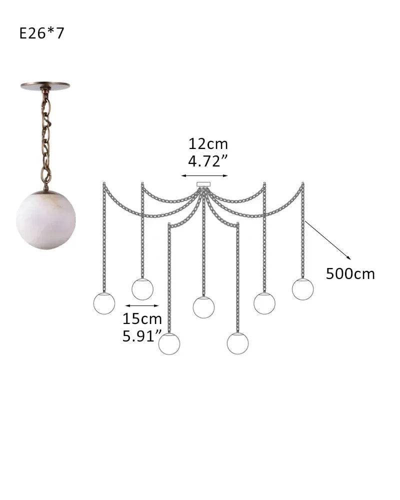 LightsStory Series Ethereal Chandelier | Globe Hand-Carved Natural Alabaster, Brass and Black finish for Grand staircases, high ceilings, and modern entryways 7-Light-D15CM D5.91" White + Brass Chain Modern Pendant lamp