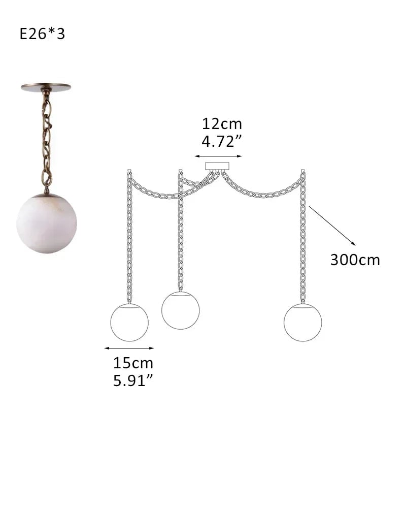 LightsStory Series Ethereal Chandelier | Globe Hand-Carved Natural Alabaster, Brass and Black finish for Grand staircases, high ceilings, and modern entryways 3-Light-D15CM D5.91" White + Brass Chain Modern Pendant lamp