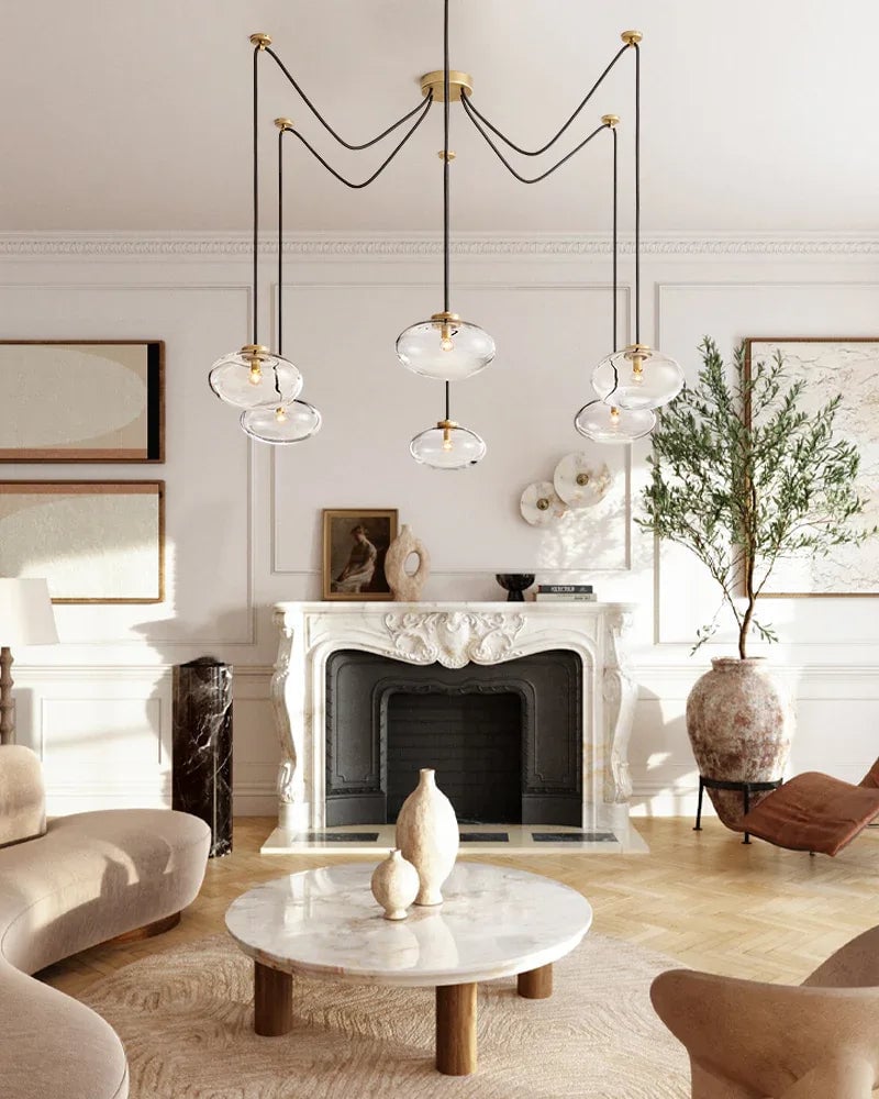 LightsStory Series Ethereal Chandelier | Handblown Oval Glass Handblown Oval Glass with Brass, Black, and Silver Metal, Contrasting Brass, Black, and Silver Metal for Dining Rooms and Kitchen Islands Modern Pendant lamp