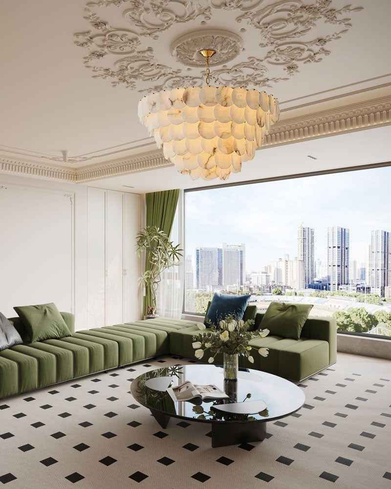 LightsStory Series Ethereal Chandelier | Multi-Tier Cascading Hand-Carved Spanish White Alabaster Shells, Solid Brass for Dining Rooms and Grand Foyers Modern Pendant lamp