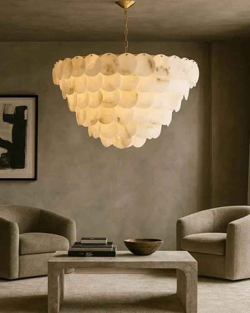 LightsStory Series Ethereal Chandelier | Multi-Tier Cascading Hand-Carved Spanish White Alabaster Shells, Solid Brass for Dining Rooms and Grand Foyers Modern Pendant lamp