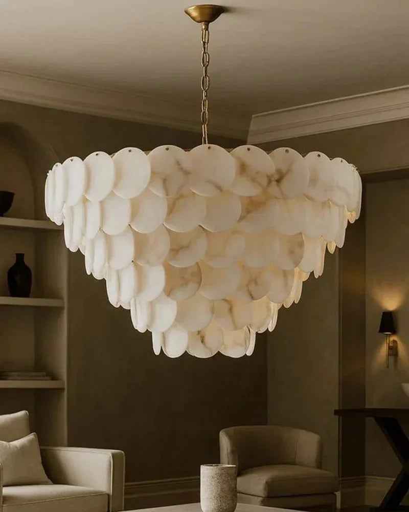 LightsStory Series Ethereal Chandelier | Multi-Tier Cascading Hand-Carved Spanish White Alabaster Shells, Solid Brass for Dining Rooms and Grand Foyers Modern Pendant lamp