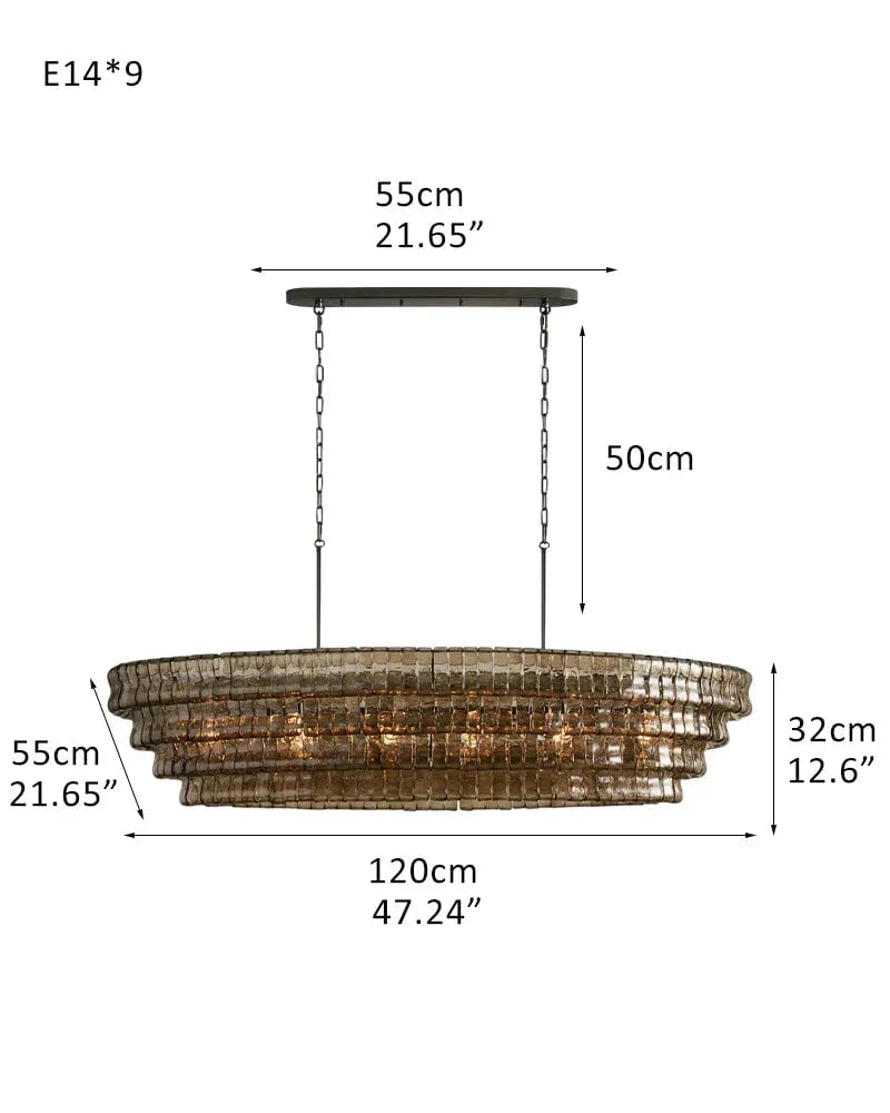 LightsStory Series Ethereal Chandelier | Multi-Tiered Oval Curved Textured Glass with Brass and Black Aluminum, Plated Brass and Black Aluminum for Dining Rooms and Grand Foyers 4 tier-L120*W55*H32CM L48"*W22"*H12"(E14*9) Black + Smoke Glass American chandelier