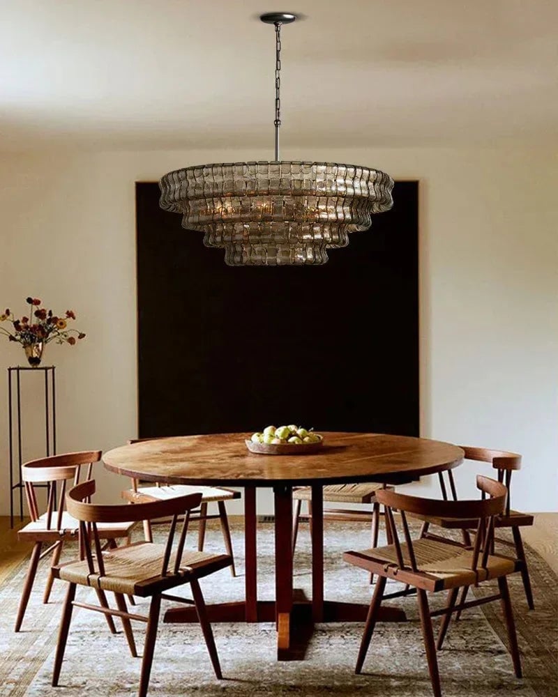 LightsStory Series Ethereal Chandelier | Multi-Tiered Oval Curved Textured Glass with Brass and Black Aluminum, Plated Brass and Black Aluminum for Dining Rooms and Grand Foyers American chandelier