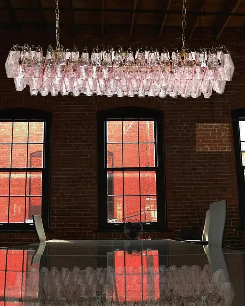 LightsStory Series Ethereal Chandelier | Rectangular Poliedri Hand-blown Murano textured glass, Plated-brass or bronze accents for Dining Rooms and Living Areas American chandelier