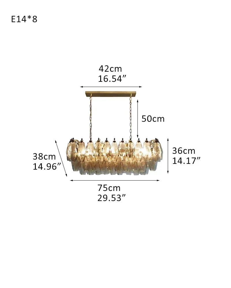 LightsStory Series Ethereal Chandelier | Rectangular Poliedri Hand-blown Murano textured glass, Plated-brass or bronze accents for Dining Rooms and Living Areas L75*W38*H36CM L29.5"*W15"*H14" Brass + Smoke Glass American chandelier