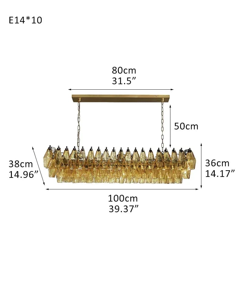 LightsStory Series Ethereal Chandelier | Rectangular Poliedri Hand-blown Murano textured glass, Plated-brass or bronze accents for Dining Rooms and Living Areas L100*W38*H36CM L39.6"*W15"*H14" Brass + Smoke Glass American chandelier