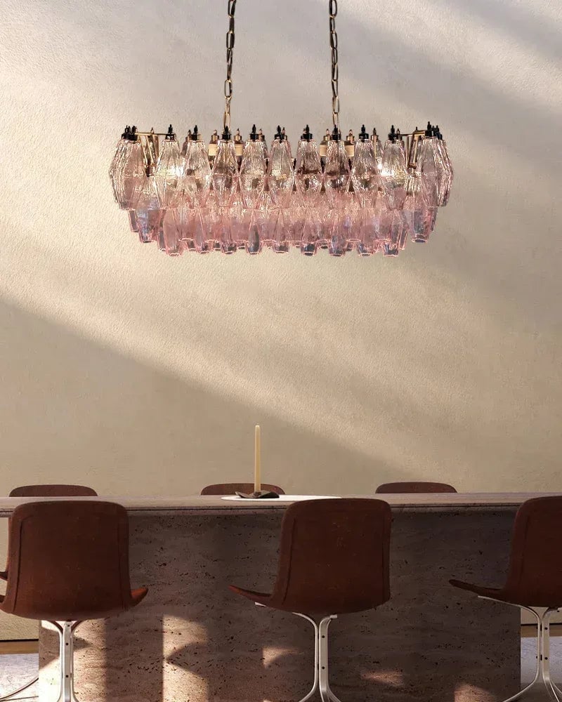 LightsStory Series Ethereal Chandelier | Rectangular Poliedri Hand-blown Murano textured glass, Plated-brass or bronze accents for Dining Rooms and Living Areas American chandelier