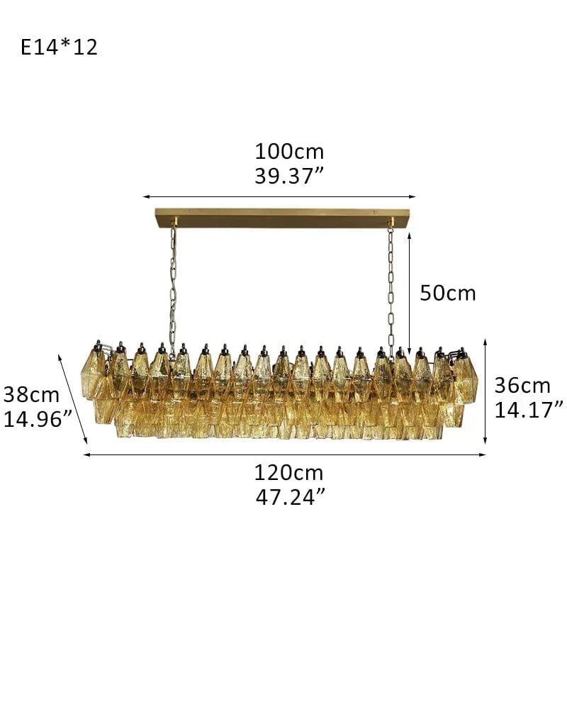 LightsStory Series Ethereal Chandelier | Rectangular Poliedri Hand-blown Murano textured glass, Plated-brass or bronze accents for Dining Rooms and Living Areas L120*W38*H36CM L47"*W15"*H14" Brass + Smoke Glass American chandelier