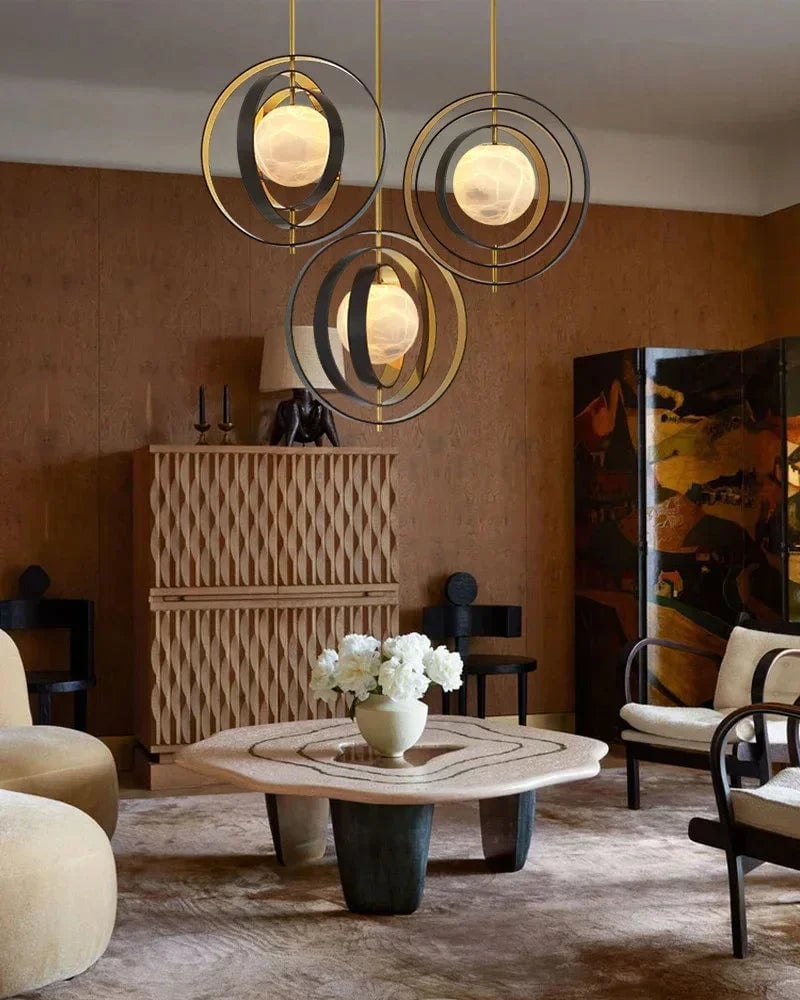 LightsStory Series Ethereal Chandelier | Rotatable Ring Hand-blown premium alabaster sphere, Gold and Black Bronze finish for Modern Dining Rooms and Living Areas Modern Pendant lamp
