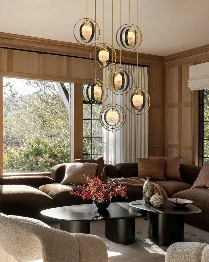 LightsStory Series Ethereal Chandelier | Rotatable Ring Hand-blown premium alabaster sphere, Gold and Black Bronze finish for Modern Dining Rooms and Living Areas Modern Pendant lamp