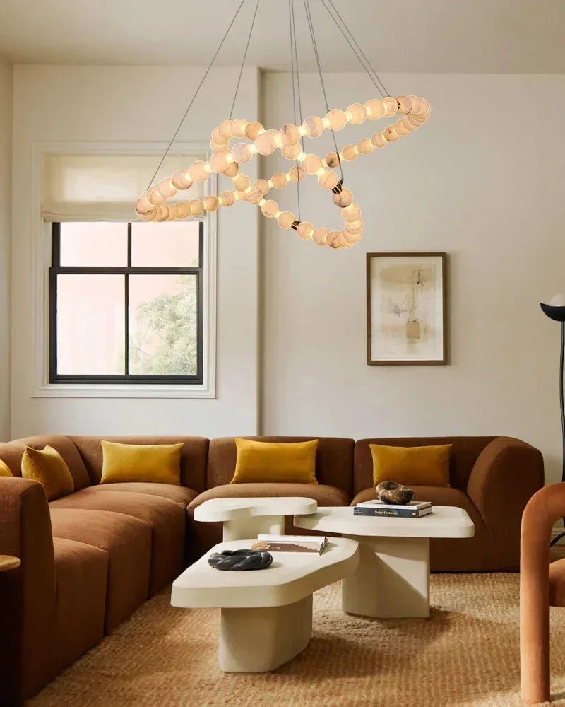 LightsStory Series Ethereal Chandelier | Single Ring Natural Spanish Alabaster, Gleaming Metallic for Spacious Lofts and Cozy Nooks Luxury Modern Chandelier