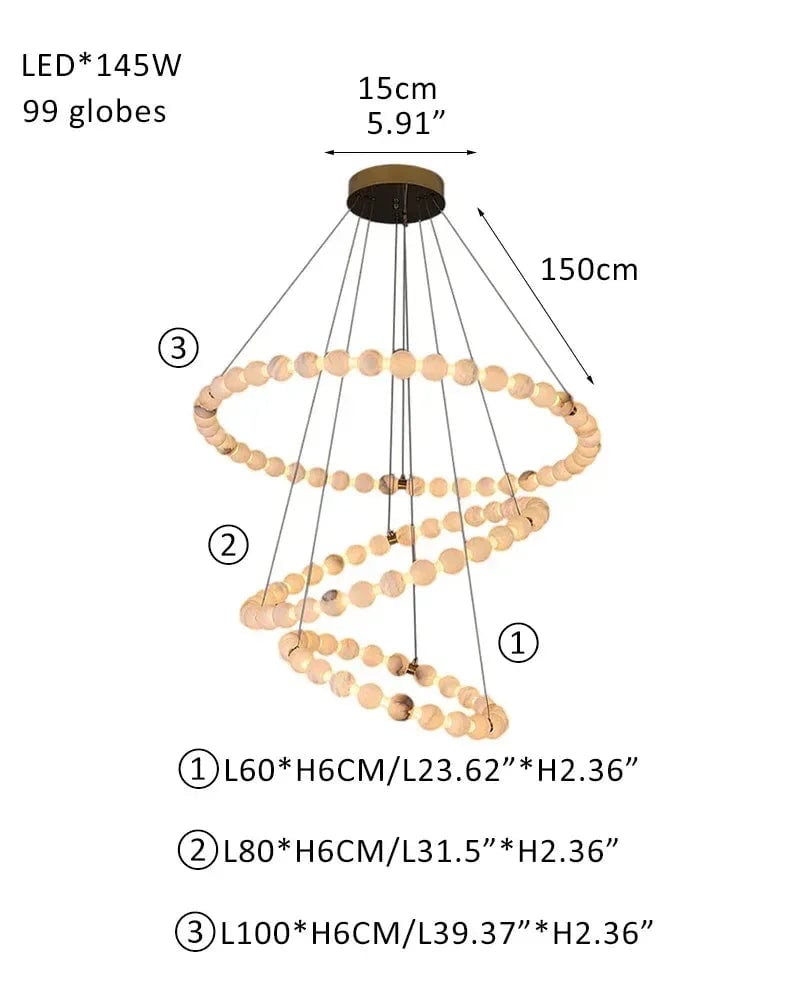 LightsStory Series Ethereal Chandelier | Single Ring Natural Spanish Alabaster, Gleaming Metallic for Spacious Lofts and Cozy Nooks 99 globes-L60+L80+L100CM L24"+L31.5"+L40"-3 Rings White + Gold Luxury Modern Chandelier