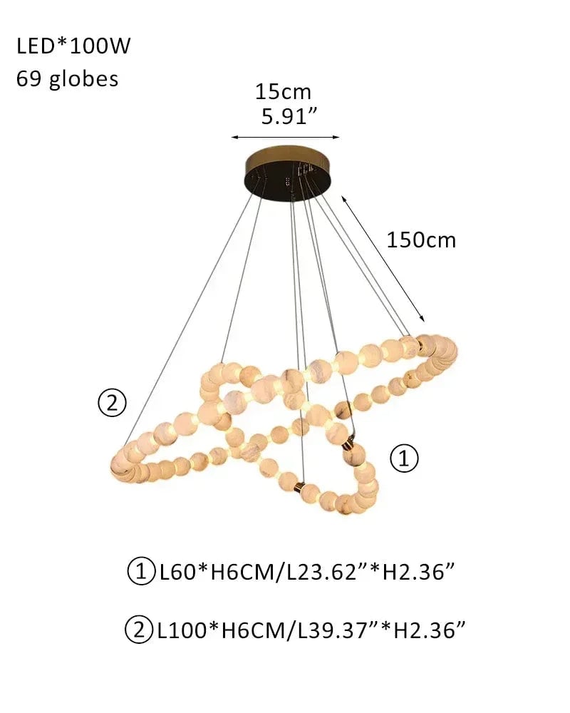 LightsStory Series Ethereal Chandelier | Single Ring Natural Spanish Alabaster, Gleaming Metallic for Spacious Lofts and Cozy Nooks 69 globes-L60+L100CM L24"*L40"-2 Rings White + Gold Luxury Modern Chandelier