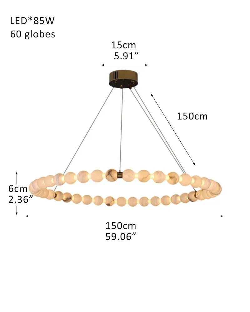 LightsStory Series Ethereal Chandelier | Single Ring Natural Spanish Alabaster, Gleaming Metallic for Spacious Lofts and Cozy Nooks 60 globes-L150*H6CM L59"*2" White + Gold Luxury Modern Chandelier