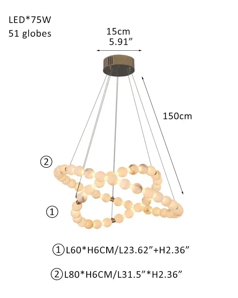 LightsStory Series Ethereal Chandelier | Single Ring Natural Spanish Alabaster, Gleaming Metallic for Spacious Lofts and Cozy Nooks 51 globes-L60+L80CM L24"*L31.5"-2 Rings White + Gold Luxury Modern Chandelier