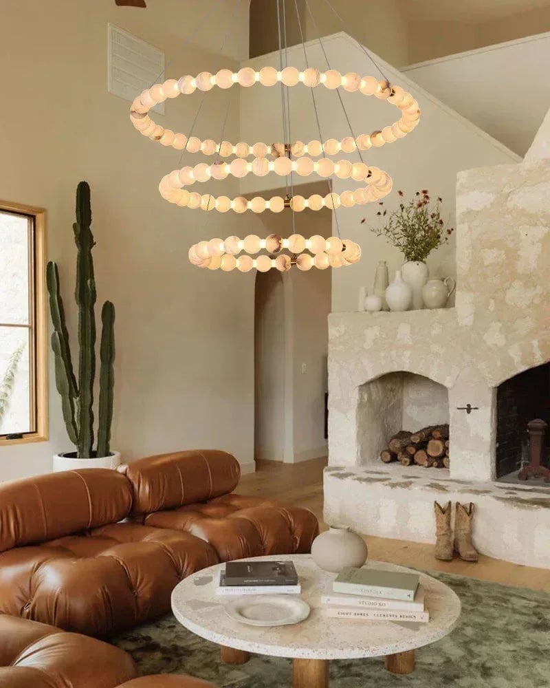 LightsStory Series Ethereal Chandelier | Single Ring Natural Spanish Alabaster, Gleaming Metallic for Spacious Lofts and Cozy Nooks Luxury Modern Chandelier