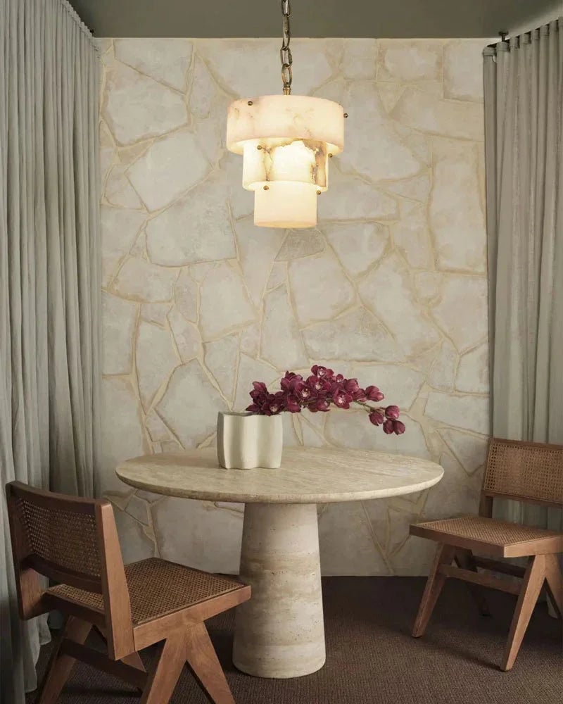 LightsStory Series Ethereal Chandelier | Triple Tier Alabaster Hand-carved natural alabaster with unique veining, Golden brass accents for Sophisticated dining rooms and cozy living spaces Modern Pendant lamp
