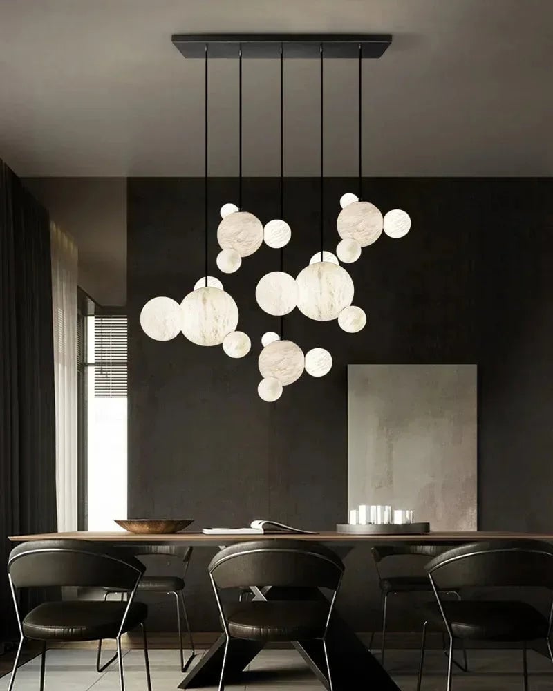 LightsStory Series Ethereal Pendant Light | Alabaster Globe Cluster Hand-Carved Natural Alabaster and Vintage Metal, Nordic Black and Gold finish for Dining Rooms and Kitchen Islands American chandelier