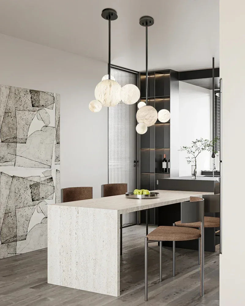 LightsStory Series Ethereal Pendant Light | Alabaster Globe Cluster Hand-Carved Natural Alabaster and Vintage Metal, Nordic Black and Gold finish for Dining Rooms and Kitchen Islands American chandelier
