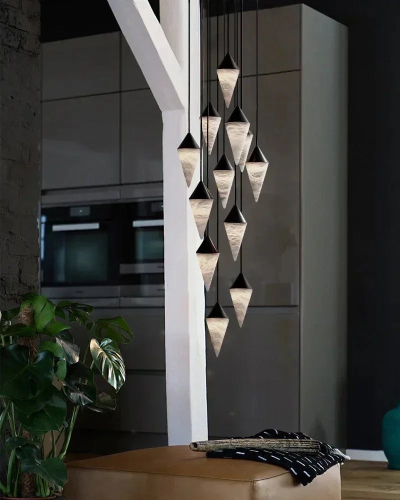 LightsStory Series Ethereal Pendant Light | Conical Cluster Natural Alabaster Shades with Brass and Black Metal Accents, Polished Brass and Sleek Black Metal for Dining Rooms and Entryways Modern Pendant lamp