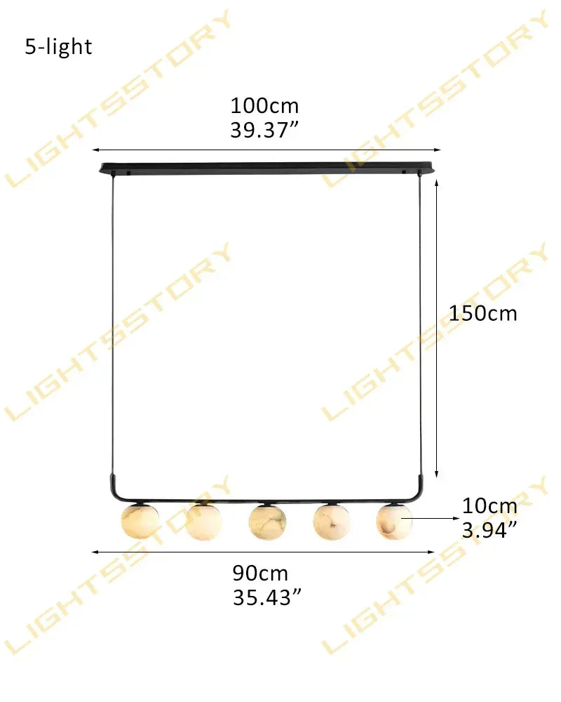 LightsStory Series Ethereal Pendant Light | Double Alabaster Globes Hand-Carved Natural Alabaster Stone, Lacquered Burnished Brass and Antique Black for Modern Dining Rooms and Entryways 5-light-D90cm D35.43"-Linear Black Modern Pendant lamp