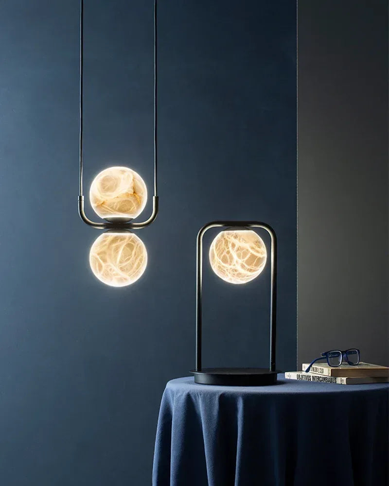 LightsStory Series Ethereal Pendant Light | Double Alabaster Globes Hand-Carved Natural Alabaster Stone, Lacquered Burnished Brass and Antique Black for Modern Dining Rooms and Entryways Modern Pendant lamp