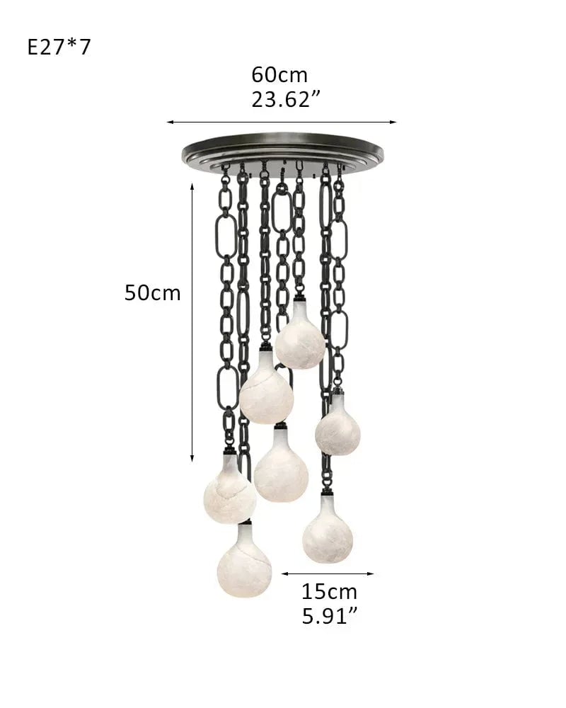 LightsStory Series Ethereal Pendant Light | Globe Genuine handblown alabaster, Brushed nickel and antique brass for Kitchen islands, bars, and entryways 7-light-D15cm D5.91" Black Chain + White American chandelier