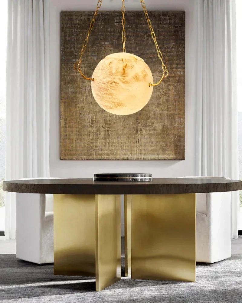 LightsStory Series Ethereal Pendant Light | Globe Natural Translucent Alabaster with Greek Key Motif, Brass and Matte-Black dual-tone for Kitchen Islands and Dining Areas Vintage Simple Pendant Lamp