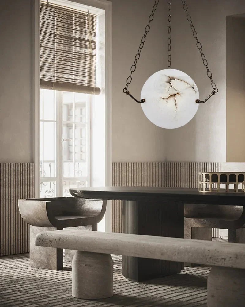 LightsStory Series Ethereal Pendant Light | Globe Natural Translucent Alabaster with Greek Key Motif, Brass and Matte-Black dual-tone for Kitchen Islands and Dining Areas Vintage Simple Pendant Lamp