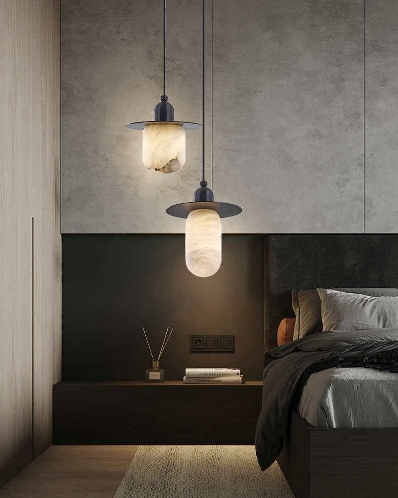 LightsStory Series Ethereal Pendant Light | Hand-carved Stone Hand-carved premium natural alabaster stone, Matte Black finish for Bedside tables and intimate living spaces Vintage Simple Hanging Lamp